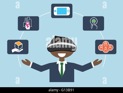 La realtà virtuale concetto come illustrazione vettoriale di business man utilizzando cuffie VR Illustrazione Vettoriale