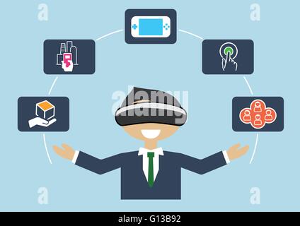 La realtà virtuale concetto come illustrazione vettoriale di business man utilizzando cuffie VR Illustrazione Vettoriale