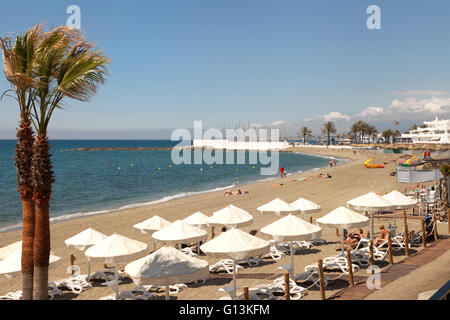 La gente a prendere il sole sulla spiaggia Playa de la Venus - spiaggia di Marbella Marbella, Costa del Sol, Andalusia, Spagna Foto Stock
