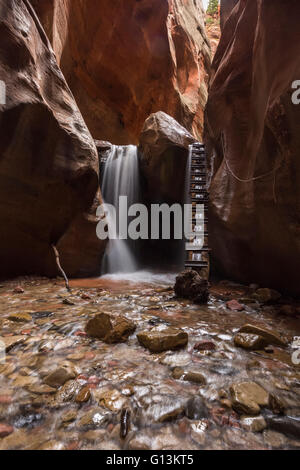 Una lunga esposizione a cascata e in scaletta Kanarra Creek Canyon Foto Stock