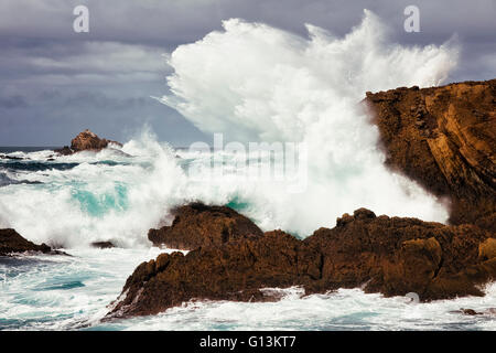 Grandi onde esplodere contro gli scogli al punto Lobos Riserva Naturale Statale della California Big Sur Costa. Foto Stock