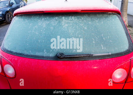 Un congelate, frosty parabrezza posteriore di un automobile Foto Stock