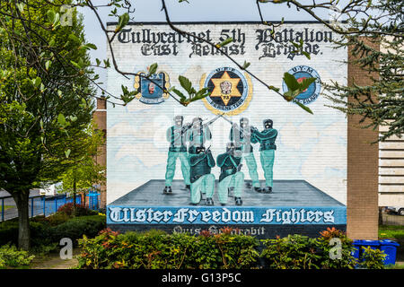 UFF murale che mostra banditi armati in Ballybeen area di East Belfast. Foto Stock
