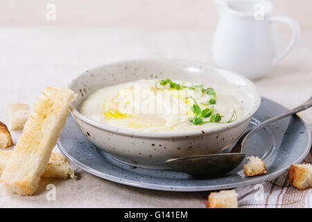 Terrina di asparagi bianchi minestra in crema con i germogli di piselli e toast, servito con una brocca del latte sulla tovaglia grigio Foto Stock