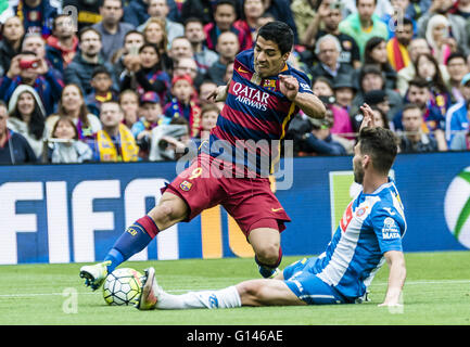 Barcellona, in Catalogna, Spagna. 8 Maggio, 2016. FC Barcelona avanti SUAREZ in azione contro il RCD Espanyol defender V. ALVAREZ in BBVA league match tra FC Barcelona e il RCD Espanyol allo stadio Camp Nou a Barcellona Credito: Matthias Oesterle/ZUMA filo/Alamy Live News Foto Stock