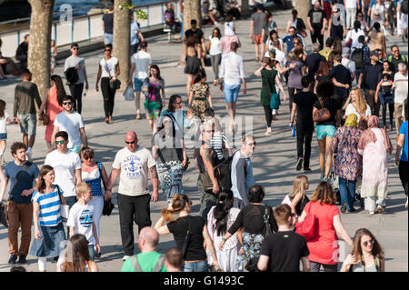 Londra, Regno Unito. 8 maggio 2016. Quando la temperatura aumenta a 25C nella capitale, i Londinesi gregge alla banca del sud per godersi il sole su il giorno più caldo dell'anno finora. Credito: Stephen Chung/Alamy Live News Foto Stock