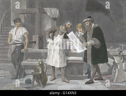 Incisione di Gutenberg di ispezionare il primo foglio di prova della sua Bibbia stampata da Movable Type. Johannes Gensfleisch zur Laden zum Gutenberg (1398 - 3 febbraio 1468) era un tedesco del fabbro, Goldsmith, di una stampante e di un editore che ha introdotto il libro moderno pr Foto Stock