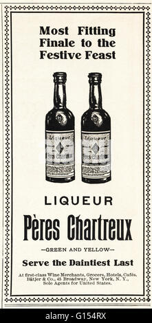 Originale vecchia vintage rivista americana un annuncio da un'epoca edoardiana datata 1910. Pubblicità Pubblicità Peres Chartreux liquore Foto Stock