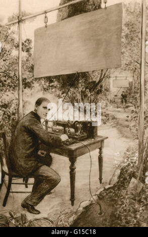 Una illustrazione di Guglielmo Marconi (1874-1937), poi invecchiati 21, nel suo padre's garden a Pontecchio, la conduzione dei primi esperimenti con un trasmettitore che produceva una scintilla tra due sfere, uno collegato ad una piastra metallica sospesa in aria, altri Foto Stock