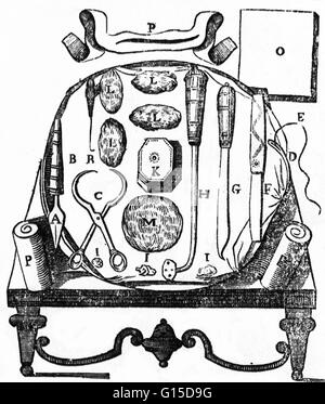 Una figura storica di strumenti chirurgici. Foto Stock