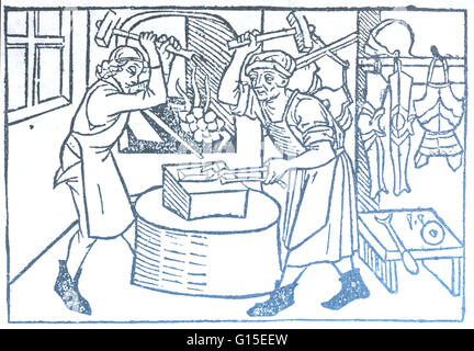 Spiegel des menschlichen Lebens. "Specchio della vita". (Ausburg, Gunther Zainer, ca. 1475) Questa xilografia da Rodericus Zamorensis' specchio della vita umana adorna il coperchio di 'forgiare Brunsema." un fabbro è una persona che crea oggetti di ferro battuto o s Foto Stock