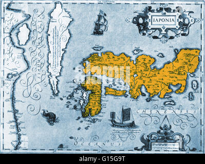 In Giappone il Mercator Hondius Atlas (Amsterdam, 1606). Jodocus Hondius il Vecchio (1563-1612), che ha pubblicato il Mercator Hondius Atlas, era un artista fiammingo, Incisore e cartografo che hanno acquistato le piastre di Mercatore del Atlante dalla proiezione di Mercatore's gr Foto Stock