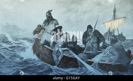 Leif Ericson al largo della costa di Vinland, fotoincisione di G. A. Wergeland, 1894. Leif Ericson (970 -1020) era un esploratore norvegese considerato come il primo europeo a sbarcare in Nord America, quasi 500 anni prima che Cristoforo Colombo. Secondo le saghe di Ic Foto Stock