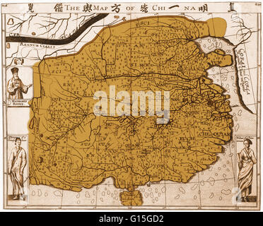 Una incisione su rame di una mappa della Cina, dal 1625, realizzato da scrittore di viaggi Samuel Purchas (c. 1575-1626), basato su Matteo Ricci mappa. Ricci (1552-161), un Italiano sacerdote gesuita, è stato il fondatore del gesuita in Cina la missione. Egli è mostrata in alto a sinistra Foto Stock