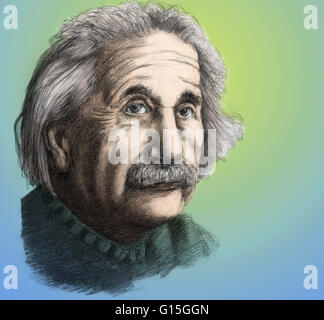 Illustrazione di Albert Einstein. Einstein nasce a Ulm, Germania il 14 marzo 1879. Incoraggiato da suo padre, un ingegnere elettrico, Einstein ha studiato presso il Politecnico di Zurigo Istituto fino all'età di 21. Poco dopo ha iniziato a lavorare presso il Foto Stock