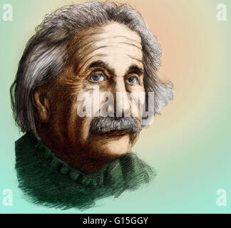 Illustrazione di Albert Einstein. Einstein nasce a Ulm, Germania il 14 marzo 1879. Incoraggiato da suo padre, un ingegnere elettrico, Einstein ha studiato presso il Politecnico di Zurigo Istituto fino all'età di 21. Poco dopo ha iniziato a lavorare presso il Foto Stock