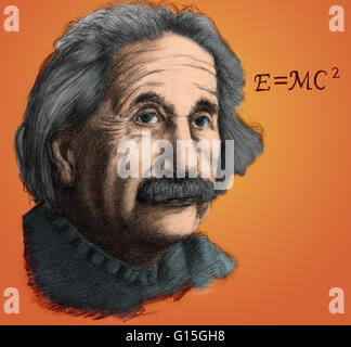 Illustrazione di Albert Einstein. Einstein nasce a Ulm, Germania il 14 marzo 1879. Incoraggiato da suo padre, un ingegnere elettrico, Einstein ha studiato presso il Politecnico di Zurigo Istituto fino all'età di 21. Poco dopo ha iniziato a lavorare presso il Foto Stock