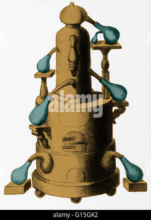 Diversi tipi di apparati utilizzati dal XVIII secolo i chimici. Qui viene mostrato un alambicco o apparato di distillazione, che ancora tenuto in un posto onorevole in chimica, ed è stato usato per separare sostanze nelle loro parti costituenti. Foto Stock