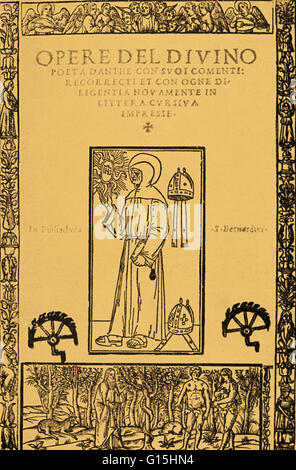 Frontespizio da Dante nella Divina Commedia. Venezia, B. Stagnino da Taino de Monterra, 1512. Duranti degli Alighieri (1265 - 1321) fu un poeta e filosofo morale meglio conosciuta per il poema epico La Divina Commedia, che comprende sezioni che rappresenta Foto Stock