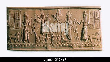 Ea o Enki mesopotamiche, dio della sapienza, a sinistra, con l'alata dea Ishtar e Shamash, il dio del sole. Foto Stock