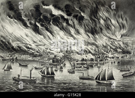 Litografia intitolata " Il grande incendio di Chicago, Ottobre 8th, 1871." La sera del 8 ottobre 1871, appena dopo le nove di mattina, un incendio scoppiato nel granaio dietro la casa di Patrick e Catherine O'Leary a 13 DeKoven Street. Il modo in cui il fuoco cominciato è st Foto Stock