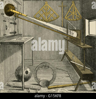 Apparecchiatura di Johannes Hevelius (circa 1640) utilizzato per studiare il sole. Johannes Hevelius (1611-1687) è stato un astronomo polacco. Egli è ricordato come il fondatore del fondatore della topografia lunare, che ha descritto anche dieci nuove costellazioni (sette delle quali sono sti Foto Stock
