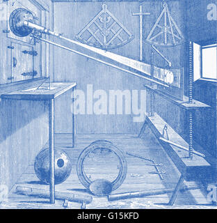 Apparecchiatura di Johannes Hevelius (circa 1640) utilizzato per studiare il sole. Johannes Hevelius (1611-1687) è stato un astronomo polacco. Egli è ricordato come il fondatore del fondatore della topografia lunare, che ha descritto anche dieci nuove costellazioni (sette delle quali sono sti Foto Stock