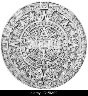 Illustrazione del Calendario azteco. La più preziosa reliquia della cultura precolombiana in Messico è il Calendario azteco Stone ( misure di tredici metri di diametro e del peso di venti-quattro tonnellate e scavate nel basalto porphyritic). Una miscela di vera scienza e Az Foto Stock