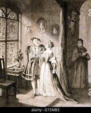 Attacco diritto: Henry's riconciliazione con Anne Boleyn. Anne Boleyn (1501 - 19 Maggio 1536) è stata la regina d'Inghilterra dal 1533 al 1536 come la seconda moglie di Henry VIII. Nel 1526 Anne resistito Henry VIII di tentativi di sedurre lei e si è rifiutato di diventare suo il mistrà Foto Stock