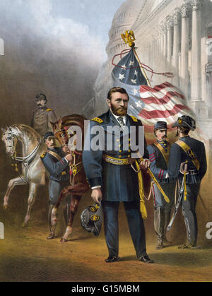 Litografia mostra concedere in piedi di fronte ad altri soldati e cavalli presso il Campidoglio US. Ulisse S. Grant (nato a Hiram Ulysses Grant; 27 aprile 1822 - Luglio 23, 1885) è stato il diciottesimo presidente degli Stati Uniti. Una carriera soldato laureato presso la unite Foto Stock