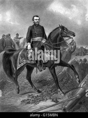 L'incisione che mostra la concessione, ritratto a figura intera, indossando uniforme militare, seduto sul cavallo, rivolto verso destra. Ulisse S. Grant (nato a Hiram Ulysses Grant; 27 aprile 1822 - Luglio 23, 1885) è stato il diciottesimo presidente degli Stati Uniti. Un militare di carriera, egli grad Foto Stock