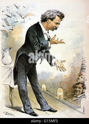 Litografia di diritto e didascalie: 'Marca Twain, migliori d'America umorista, stando in piedi sul palco a parlare al pubblico, 1885.' Samuel Langhorne Clemens (novembre 30, 1835 - 21 Aprile 1910) meglio conosciuto con il suo nome della penna Mark Twain, è stato un autore americano e umorismo Foto Stock