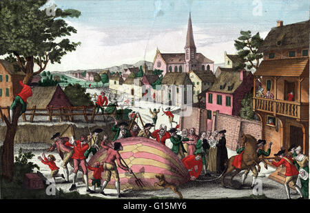 La Mongolfier gas senza equipaggio palloncino, 'Il Globo,' che spaventò gli abitanti del villaggio a Gonesse, Francia dopo le operazioni di sbarco non c il 27 agosto 1783. Joseph-Michel Montgolfier (Agosto 26, 1740 - 26 giugno 1810) e Jacques-Étienne Montgolfier (Gennaio 6, 1745 - Augu Foto Stock