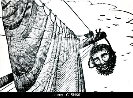 Incisione di Blackbeard la testa tagliata da pirati proprio libro, 1837. Edward Teach (1680 - Novembre 22, 1718), meglio noto come Blackbeard, era un famigerato pirata inglese che azionata intorno le Indie Occidentali e la costa orientale delle colonie americane. Foto Stock