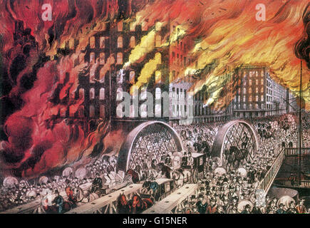 Titolo: Chicago in fiamme, scena a Randolph Street Bridge, Currier & Ives litografia. La sera del 8 ottobre 1871, appena dopo le nove di mattina, un incendio scoppiato nel granaio dietro la casa di Patrick e Catherine O'Leary a 13 DeKoven Street. Come th Foto Stock