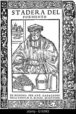 Pesi e misure del XVI secolo la xilografia. Pesi e misure sono state tra i primi strumenti inventati dall'uomo. Inizio babilonesi ed egiziane, record e la Bibbia, indicano che la lunghezza è stata prima misurata con l'avambraccio e la mano o un dito e che il tempo è stato misurato mediante i periodi del Sole, della Luna e di altri corpi celesti. Quando è stato necessario confrontare la capacità di contenitori come zucche o creta o contenitori metallici sono stati riempiti con semi di piante che sono stati poi contati per misurare i volumi. Con lo sviluppo di scale come un mezzo per la pesatura, semi e pietre è servita come standa Foto Stock