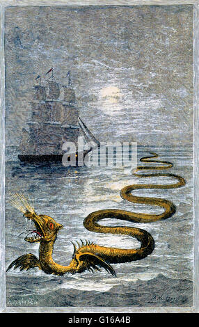 Non datata colorate a mano la xilografia di un serpente marino da Hans Egidius. Mostri marini sono il sea-dimora o mitiche creature leggendarie, spesso si ritiene essere di dimensioni immense. Mostri marini può assumere molte forme, inclusi i draghi del mare, mare serpenti o multi-essere armati Foto Stock