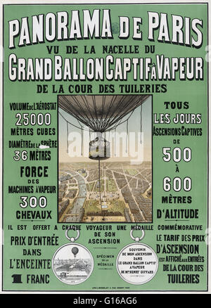 Manifesto francese illustra il cestello di Henri Giffard prigioniera del palloncino e una vista panoramica di Parigi per pubblicizzare il palloncino ascensioni al 1878 della fiera del mondo. Henri Giffard (8 febbraio 1825 - 14 Aprile 1882) era un ingegnere francese. Inventò un iniettore Foto Stock