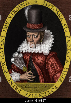 Ritratto di Pocahontas (1595-1617), un Indiano Algonquian ricordato per la sua associazione con l insediamento coloniale a Jamestown, Virginia; in inglese vestito. Era la figlia del capo Powhatan, il capo di una rete di tributario popoli tribali nel Foto Stock