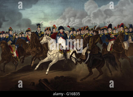 Xix secolo illustrazione raffigurante Napoleone circondato dalle più celebri generali del suo tempo. Napoleone Bonaparte (1769-1821) era un militare francese e leader politico durante le ultime fasi della rivoluzione francese, e l'imperatore di Francia da 18 Foto Stock