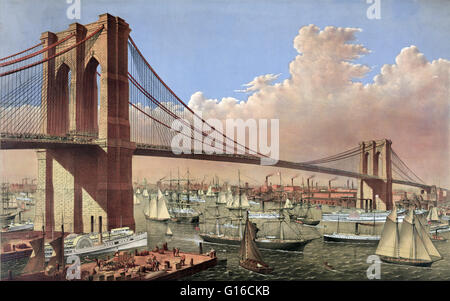 Currier & Ives litografia intitolata " Il grande East River sospensione ponte: collegamento della città di New York e a Brooklyn da New York guardando a sud-est, 1877." Il Ponte di Brooklyn è uno dei più antichi ponti di sospensione negli Stati Uniti. Ho completato Foto Stock