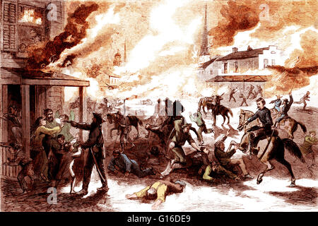 Dal titolo: " la distruzione della città di Lawrence, Kansas, e il massacro dei suoi abitanti dai guerriglieri ribelli, Agosto 21, 1863.' incisione è apparso in Harper's Weekly, 5 settembre 1863. William Quantrill il raid del Libero Stato-città di Lawrenc Foto Stock