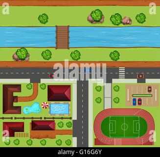 Vista superiore del quartiere con case e servizi per la comunità Illustrazione Vettoriale