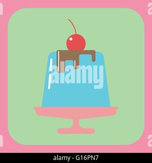 Candy card con un grande gelatina blu crema la torta su un piatto rosa, una ciliegia di colore rosso con foglia verde sulla parte superiore, su un sfondo rosa. Digita Illustrazione Vettoriale