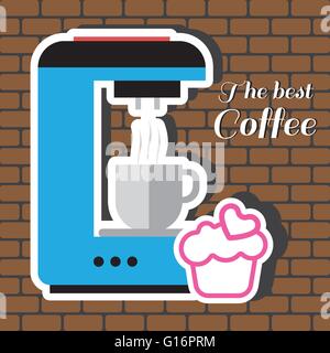 Un blu caffettiera macchina con una tazza di caffè e torta rosa con il cuore e con la miglior caffè iscrizione, in contorni, oltre un marrone Illustrazione Vettoriale