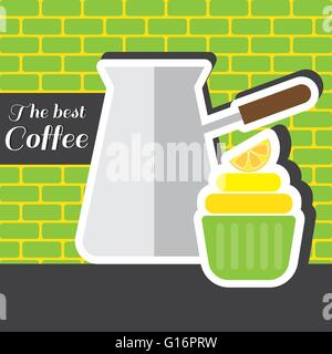 Un metallo argento barattolo di caffè con torta verde con una fettina di limone sulla parte superiore e il miglior caffè iscrizione, in contorni, oltre un gre Illustrazione Vettoriale