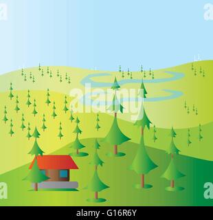 Verde di alberi che crescono sulle colline di colore giallo con uno sfondo blu e una piccola casa rossa e blu nubi. Sfondo digitale illu vettore Illustrazione Vettoriale