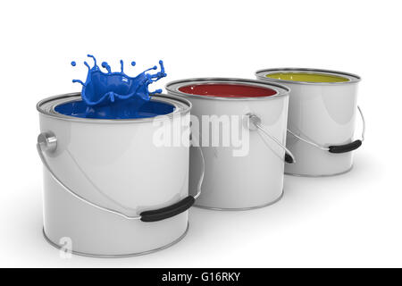 Immagine 3D di tre lattine di vernice isolato su bianco Foto Stock