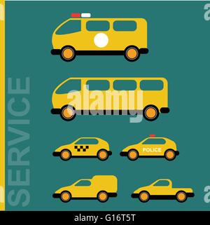 Servizio pubblico di automobili. Ambulanza, scuola bus, taxi, polizia, del trasportatore. Auto transporter. Varie automobili. Oggetti isolati su gree Illustrazione Vettoriale