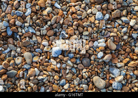 Un close-up della spiaggia di ghiaia lungo il lungomare di Hastings in Sussex. Foto Stock
